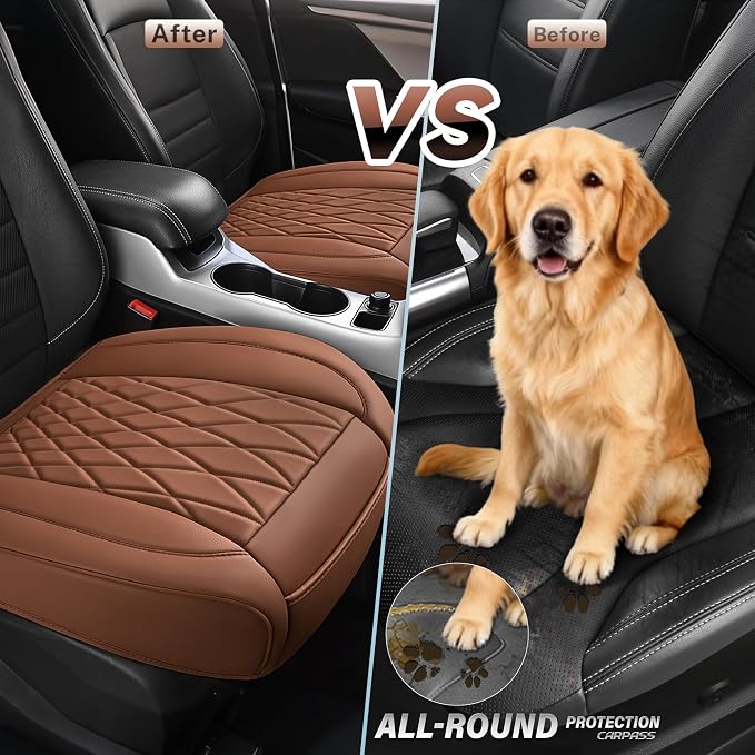CAR PASS 2 Pack Leather Front Car Seat Covers, Bottom Seat Covers Full Wrapped with Storage Pocket, Anti-Slip Leather Seat Protectors,Waterproof Seat Cushion Pad Universal Fit Sedan SUV Truck, Brown