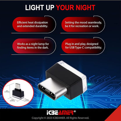 ICBEAMER Type C Adapters Atmosphere Light 1-Pack (Red) | Universal Plug-in Miniature LED Night Light for Car Interior and Trunk Ambient Lighting, Easy Installation, Energy Efficient