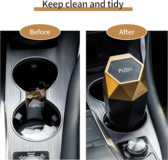 JUSTTOP Car Trash Can with Lid, Mini Diamond Design Portable Trash Can, Plastic Material and Multipurpose Organizers for Car,Home,Office(Gold)