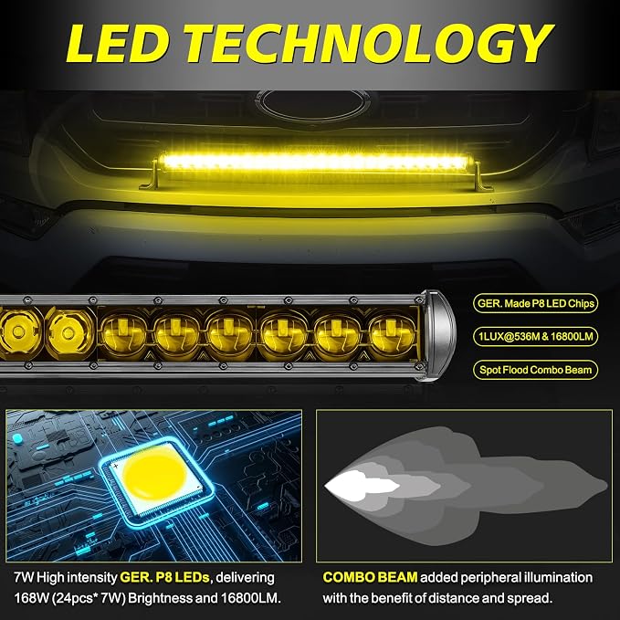 30 Inch Amber Light Bar Kit, AKD Part OSRAM LED 168W Single Row Light Bar w/Wiring Harness Black Cover Spot Flood Combo Slim Bumper Roof Grille Yellow LED Lights for Trucks SUV UTV RZR Toyota Chevy