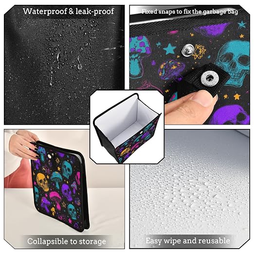 Car Trash Can Organizer Bin with Adjustable Strap for Back Front Seat Console Waterproof Leakproof Collapsible Portable 8.66 Inch Neon-colored Skulls Stars Mushrooms