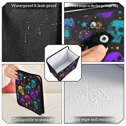 Car Trash Can Organizer Bin with Adjustable Strap for Back Front Seat Console Waterproof Leakproof Collapsible Portable 8.66 Inch Neon-colored Skulls Stars Mushrooms