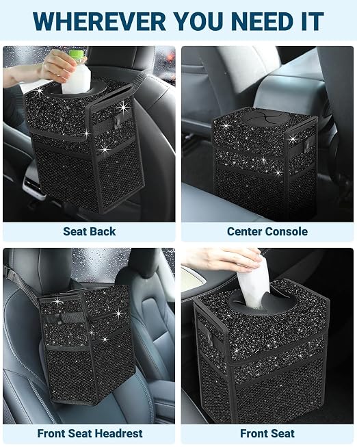 Capolo Car Trash Can with Lid, Leakproof Car Trash Bag Hanging Waterproof Automotive Garbage Can with Storage Pockets Mini Vehicle Trash Bin for Back/Front Seat(Sparkly Black,3 Gallon)