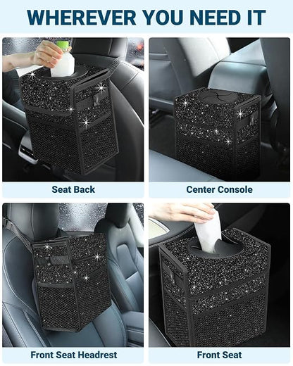 Capolo Car Trash Can with Lid, Leakproof Car Trash Bag Hanging Waterproof Automotive Garbage Can with Storage Pockets Mini Vehicle Trash Bin for Back/Front Seat(Sparkly Black,3 Gallon)
