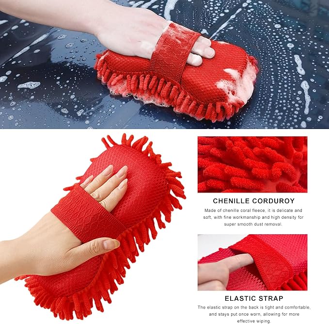 Microfiber Car Wash Sponge, Scratch-Free Vehicle Washing Mitt with Chenille & Mesh Sides, Highly Absorbent Sponge Lint-Free Cleaning Tool for Car Washing & Detailing (Red)