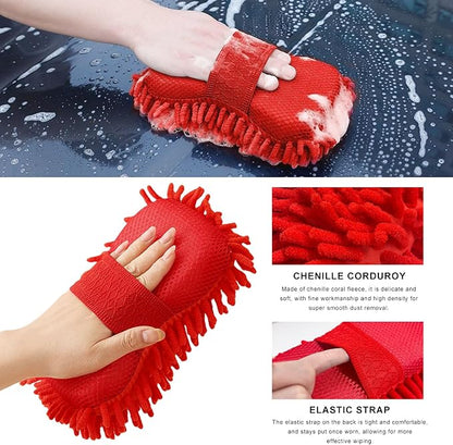 Microfiber Car Wash Sponge, Scratch-Free Vehicle Washing Mitt with Chenille & Mesh Sides, Highly Absorbent Sponge Lint-Free Cleaning Tool for Car Washing & Detailing (Red)