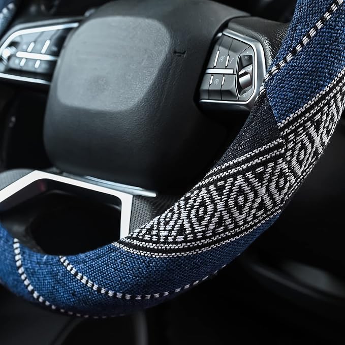 Valleycomfy Cloth Steering Wheel Covers for Women Bohemian Universal 15 inch Baja Blanket Enthic Blue