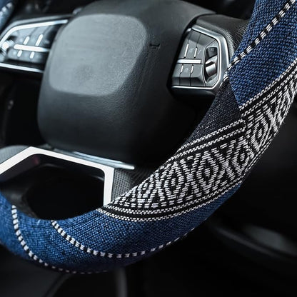 Valleycomfy Cloth Steering Wheel Covers for Women Bohemian Universal 15 inch Baja Blanket Enthic Blue