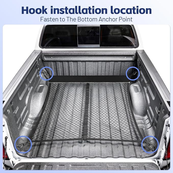 Cargo Net for Ford F-Series 2015-2026, Nissan Titan 2016-2024 | Heavy Duty Truck Bed Organizer, Highly Elastic Tailgate Net with Carabiners, Weatherproof Mesh Cover with Attached Zipper Bag