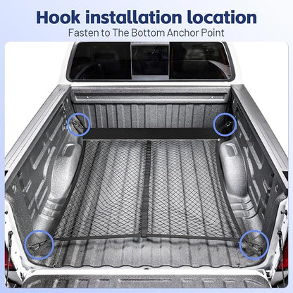Cargo Net for Ford F-Series 2015-2026, Nissan Titan 2016-2024 | Heavy Duty Truck Bed Organizer, Highly Elastic Tailgate Net with Carabiners, Weatherproof Mesh Cover with Attached Zipper Bag