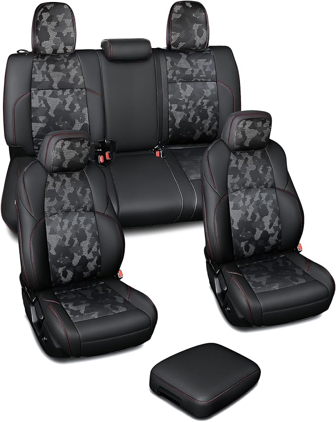 Carlimeki Leather Seat Covers Custom Fit for Tacoma Gen 4th (2024-2026) Double Cab, for SR, SR5, TRD PreRunner, TRD Sport, TRD Off-Road, Limited, Trailhunter - Armrest Covers Included - Fully Covered