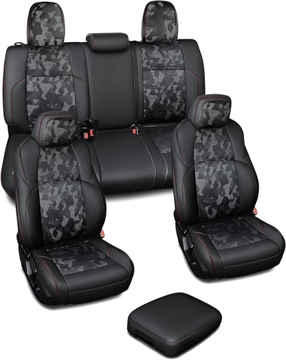 Carlimeki Leather Seat Covers Custom Fit for Tacoma Gen 4th (2024-2026) Double Cab, for SR, SR5, TRD PreRunner, TRD Sport, TRD Off-Road, Limited, Trailhunter - Armrest Covers Included - Fully Covered
