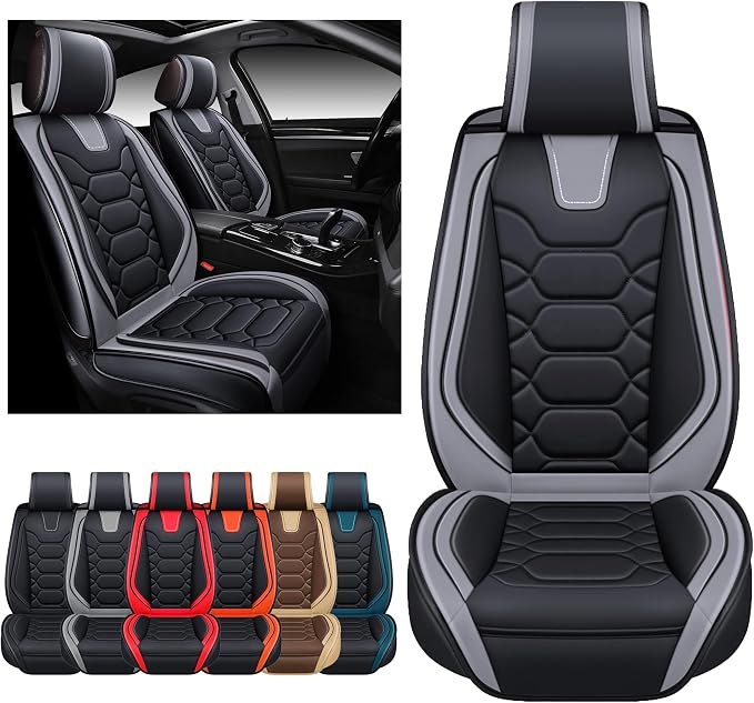 OASIS AUTO Car Seat Covers Front Seats, Sporty Honeycomb Waterproof Faux Leather Protectors, Universal Fit for SUV, Sedan, Truck Interior Accessories (OS-004 Black&Gray)