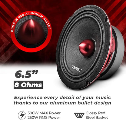 DS18 PRO-X6BM Loudspeaker - 6.5", Midrange, Red Aluminum Bullet, 500W Max, 250W RMS, 8 Ohms - Premium Quality Audio Door Speakers for Car or Truck Stereo Sound System (1 Speaker)
