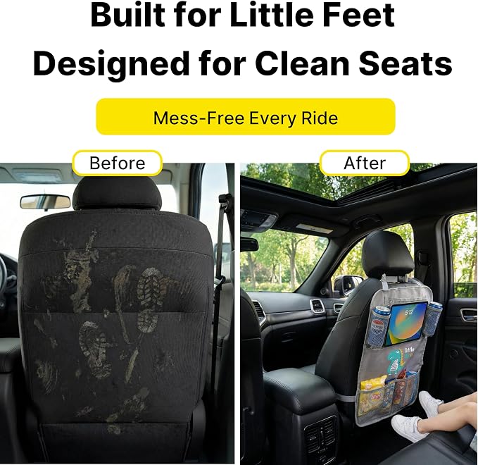 Backseat Car Organizer for Kids, Car Seat Organizer with 11” Touch Screen Tablet Holder, Rear Seat Storage Bag with Drink Pockets, Anti-Kick Seat Back Protector for Travel (Gray Dinosaur)