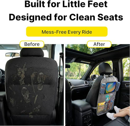 Backseat Car Organizer for Kids, Car Seat Organizer with 11” Touch Screen Tablet Holder, Rear Seat Storage Bag with Drink Pockets, Anti-Kick Seat Back Protector for Travel (Gray Dinosaur)
