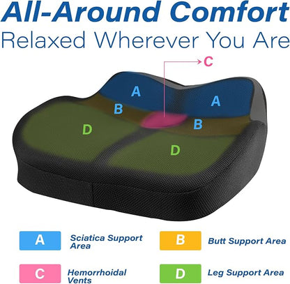 Car Seat Cushion: Ergonomic Memory Foam Car Cushion for Sciatica Pain Relief, Larger Driving Seat Pillow for Short Drivers on Long Drives - Butt Pillow for Truck, Office, Wheelchair - Dark Black