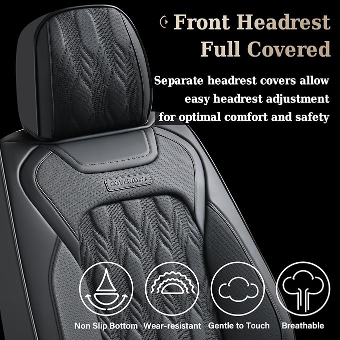 Coverado Car Seat Cover, Black Luxury Seat Cover for Cars, Premium Nappa Leather Seat Covers Full Set with Embossed Pattern, Waterproof Car Seat Protector Car Seat Cushions Universal Fit Most Vehicle