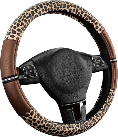 Road Comforts Leopard Steering Wheel Cover for Women, Cute Anti-Slip Microfiber Leather, Universal Fit 14.5-15 Inch Round Steering Wheel - Brown