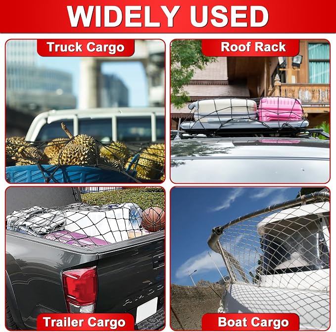 Cargo Net 4' x6' Stretches to 8' x 12' Truck Cargo Net for Pickup Truck Bed- Small 4"x4" Mesh Grid Super Duty Bungee Heavy Duty Bed Netting with 12 Adjustable Metal Carabiners by Cenipar