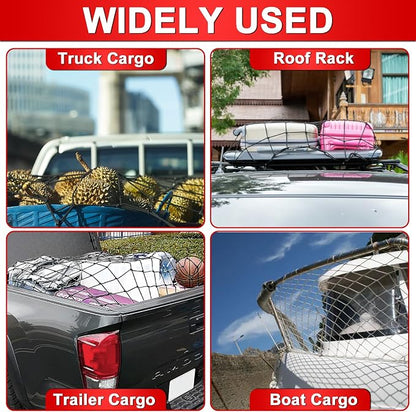 Cargo Net 4' x6' Stretches to 8' x 12' Truck Cargo Net for Pickup Truck Bed- Small 4"x4" Mesh Grid Super Duty Bungee Heavy Duty Bed Netting with 12 Adjustable Metal Carabiners by Cenipar