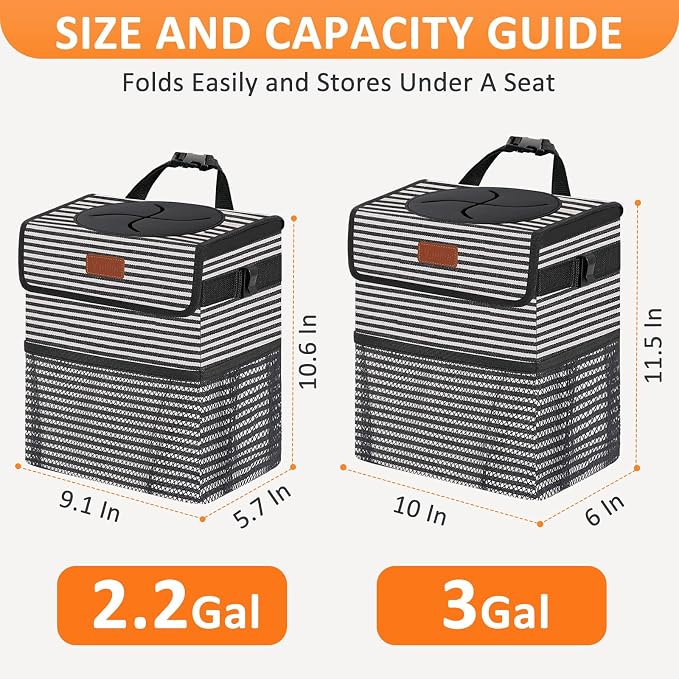 Vankor 3 Gallons Car Trash Can with Lid, Car Trash Bag Bin Hanging Waterproof Automotive Garbage Cans Leak Proof Vehicle Trash Can Stripe