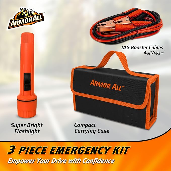 Armor All 3pc Roadside Car Emergency Kit - Storage Bag, 12 Gauge 6.5 Ft Battery Cable, Flashlight, Roadside Assistance, Car Emergency Roadside Kit - Safety Kits for Cars