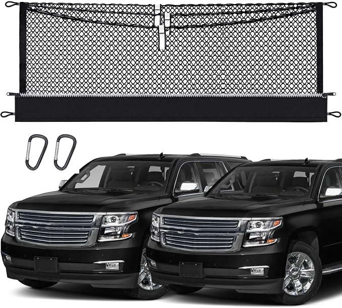 3-Layer Cargo Net for Chevrolet Suburban, GMC Yukon XL 2015-2020, Zipper Bag Trunk Net for SUV, Heavy Duty Oxford Cargo Organizer Storage Nets with Carabiners