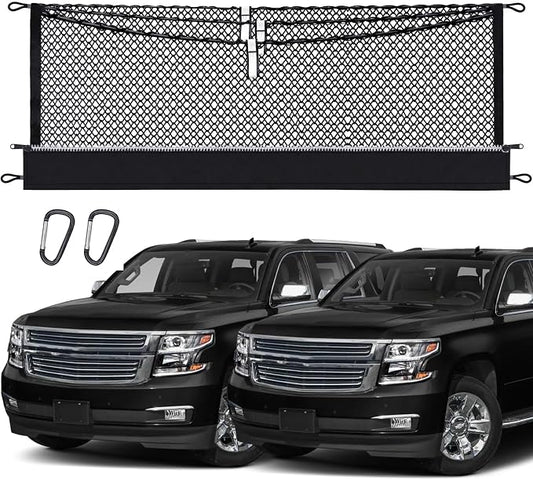 3-Layer Cargo Net for Chevrolet Suburban, GMC Yukon XL 2015-2020, Zipper Bag Trunk Net for SUV, Heavy Duty Oxford Cargo Organizer Storage Nets with Carabiners