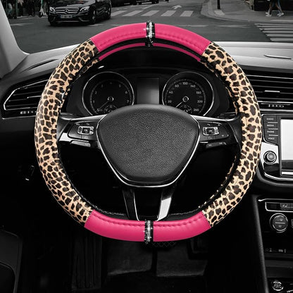 Road Comforts Leopard Steering Wheel Cover for Women, Cute Anti-Slip Microfiber Leather, Fits D Shape Flat Bottom Steering Wheel 14.5-15 Inch - HotPink