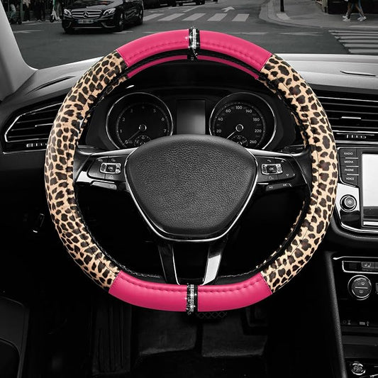 Road Comforts Leopard Steering Wheel Cover for Women, Cute Anti-Slip Microfiber Leather, Fits D Shape Flat Bottom Steering Wheel 14.5-15 Inch - HotPink