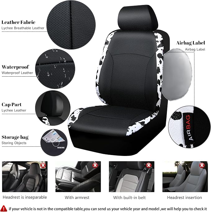 CAR-PASS Cow Print Car Accessories Sets Faux Leather Car Seat Covers & Cow Car Mats & Cow Steering Wheel Cover Seat Belt Pads Universal fit for SUV,Van,Saden,Truck Cute Automobile Interior Sets Women