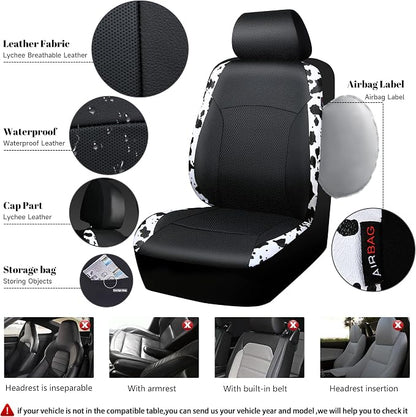 CAR-PASS Cow Print Car Accessories Sets Faux Leather Car Seat Covers & Cow Car Mats & Cow Steering Wheel Cover Seat Belt Pads Universal fit for SUV,Van,Saden,Truck Cute Automobile Interior Sets Women