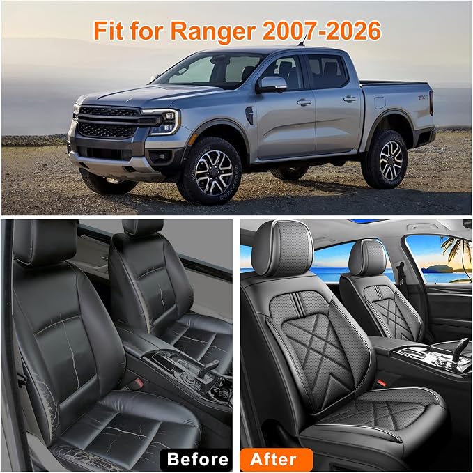 Ranger Car Seat Covers Custom Fit for Ford Ranger 2019-2025 2026, Full Coverage Leather Waterproof Breathable Seat Covers Full Set, Automotive Seat Protectors, Airbag Compatible(5 Seats, Black)