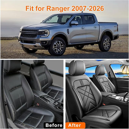 Ranger Car Seat Covers Custom Fit for Ford Ranger 2019-2025 2026, Full Coverage Leather Waterproof Breathable Seat Covers, Automotive Seat Protectors, Airbag Compatible(2 Front Seats, Black)
