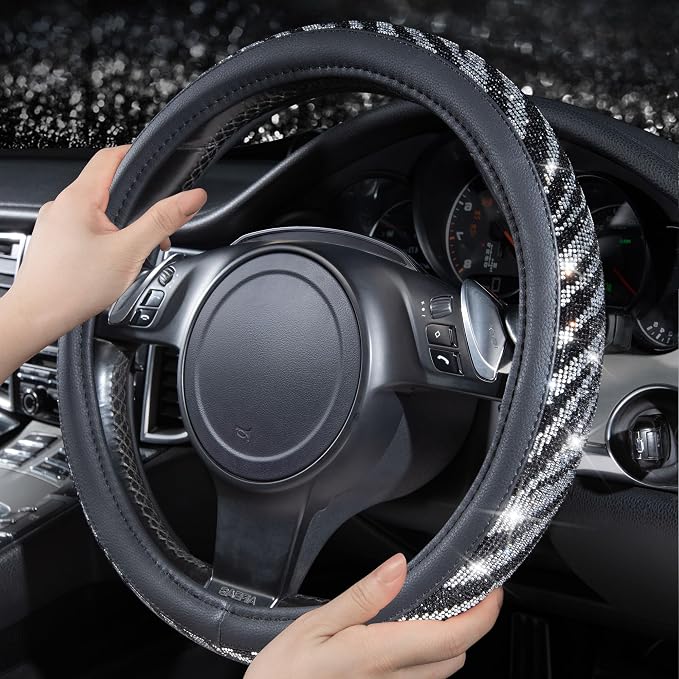 CAR PASS Bling Diamond Leather Steering Wheel Cover, with Bling Sparkly Crystal Glitter Rhinestone Universal Fit 14" 1/2-15" Car Wheel Protector Fit for Women Girl SUV,Vans,Sedans,Trucks, Zebra Print