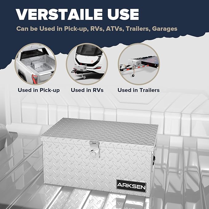 ARKSEN 20 x 12 x 10 Inch Diamond Plate Truck Bed Tool Box, Heavy Duty Waterproof Aluminum Storage Chest with Side Handle & Lock for Pickup Truck Bed, RV & Trailer, Silver