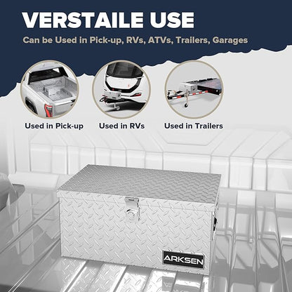 ARKSEN 20 x 12 x 10 Inch Diamond Plate Truck Bed Tool Box, Heavy Duty Waterproof Aluminum Storage Chest with Side Handle & Lock for Pickup Truck Bed, RV & Trailer, Silver