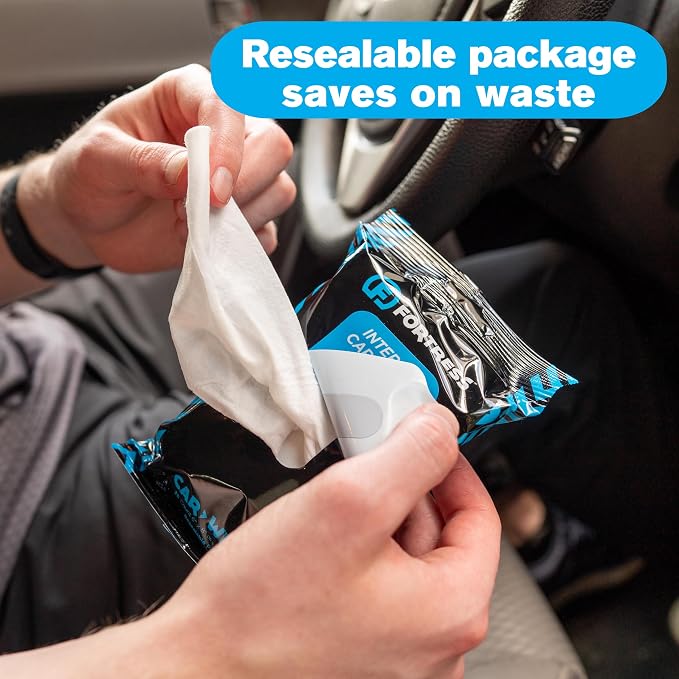 Fortress Car Interior Wipes with Microfiber Cloth (25 ct, Pack of 16) for Car Interior Cleaning, Dashboard, Seats, Detailing, and Steering Wheel [Travel Size] Skin-Safe Car Interior Cleaner Supplies