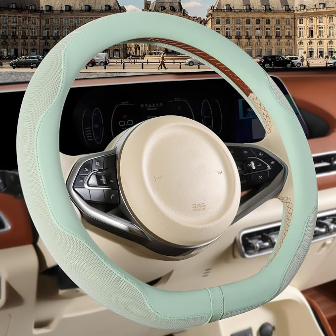 Nappa Leather Green D Shape Steering Wheel Cover, Advanced Microfiber Leather Non-Slip Breathable Fabric, Warm in Winter and Cool in Summer, Universal 15 inch