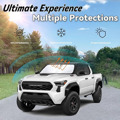 Windshield Sun Shade for Toyota Tacoma 2016-2024 2025 2026, Car Front Window Sunshade Fit Tacoma 2Dr 4Dr Pickup Foldable Limited 2Door 4Door Truck Sun Visor Blocks UV Rays Heat Sun Shield Accessories