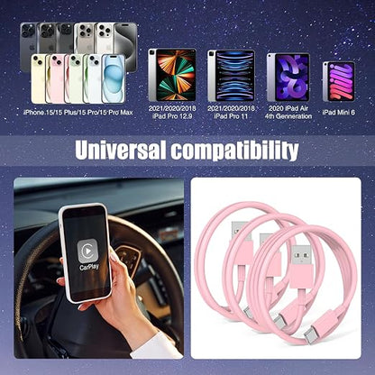 3-Pack Pink [3.3FT+3.3FT+6FT] USB A to USB C Cable，USB to USB C Car Carplay Cable for iPhone 16 15 Pro Plus Pro Max，for iPad Pro/Air/Mini，for Samsung S24/S23/S22/S21，for MacBook Pro/Air and More