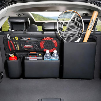 PU Leather Trunk Organizer for SUV, Sedan & Truck | Durable & odor-free rigid PU, 36in vertical storage with 4 pockets, shape-locked & water-wipeable, expands trunk room