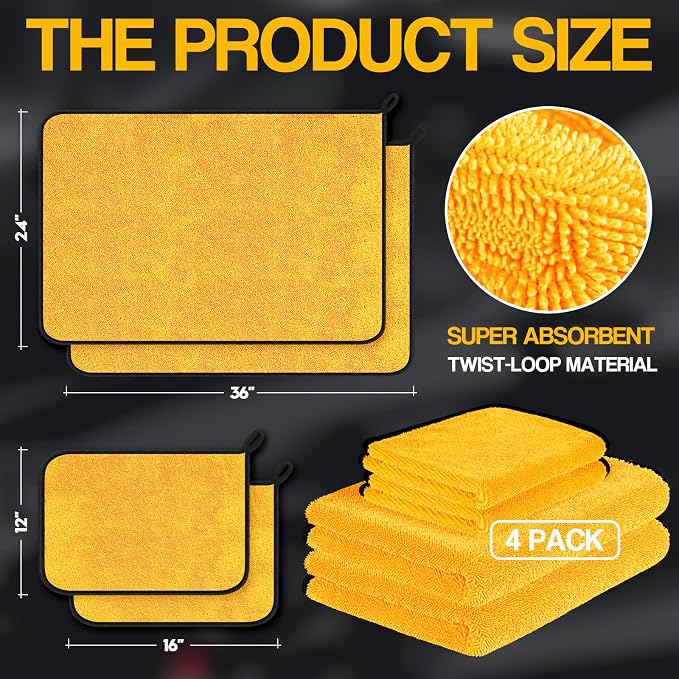 Bolant 4 Pack Twisted Loop Car Drying Towel, 36x24 in Car Towels Cleaning Supplies, Reusable Shammy Quick Dry Cloth for Carwash, for Auto, Boat, Kitchen, Windows & Bathroom（Yellow）