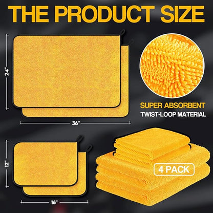 Bolant 4 Pack Twisted Loop Car Drying Towel, 36x24 in Car Towels Cleaning Supplies, Reusable Shammy Quick Dry Cloth for Carwash, for Auto, Boat, Kitchen, Windows & Bathroom（Yellow）