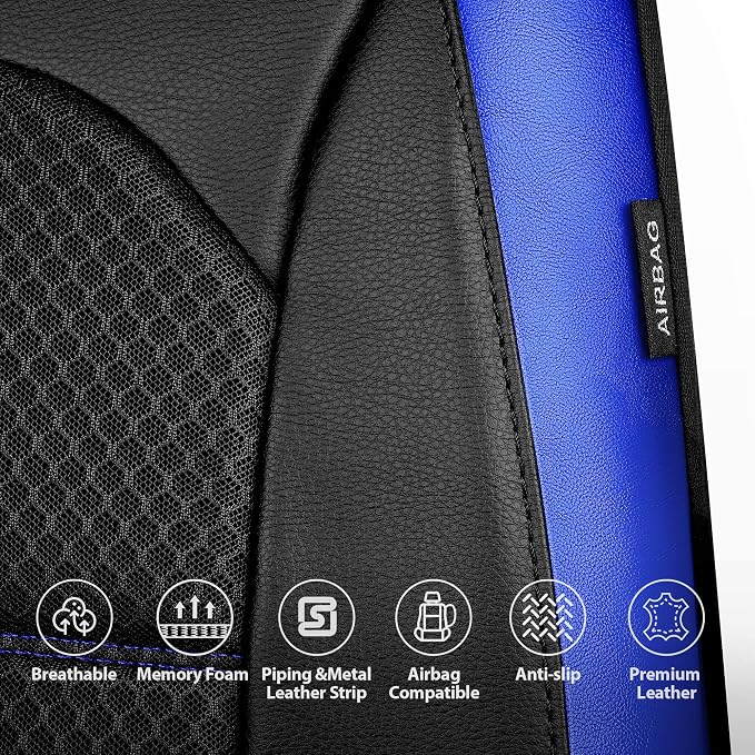 CAR PASS Memory Foam Leather Seat Covers,Air Cool Mesh Thick Car Seat Covers Front Seats Blue Leather Seat Covers for Cars Universal for SUVs Trucks,Airbag Compatible Comfort Durable,Black Blue Metal