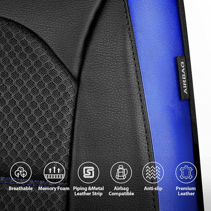 CAR PASS Memory Foam Leather Seat Covers,Air Cool Mesh Thick Car Seat Covers Front Seats Blue Leather Seat Covers for Cars Universal for SUVs Trucks,Airbag Compatible Comfort Durable,Black Blue Metal