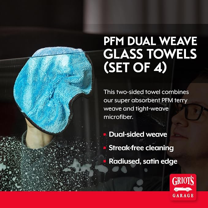 Griot's Garage PFM Dual Weave Glass Towels for Car Windows and Windshield Cleaning, Cloths for Auto Detailing, Double-Sided, Set of 4, 9" x 9", 55582