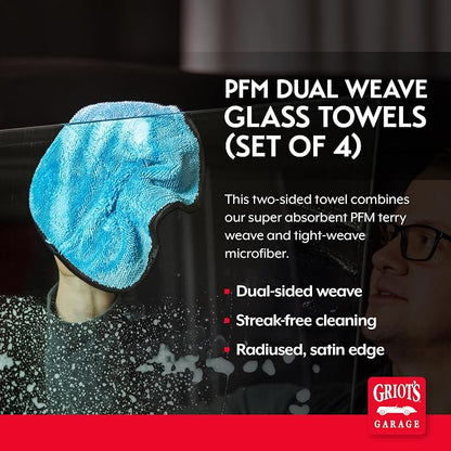 Griot's Garage PFM Dual Weave Glass Towels for Car Windows and Windshield Cleaning, Cloths for Auto Detailing, Double-Sided, Set of 4, 9" x 9", 55582