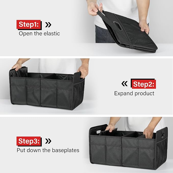 YSSOA Car Trunk Organizer, 2 Compartments Anti-slip 14" D x 22" W x 12" H Collapsible Trunk Storage, 600D Oxford Polyester Car Storage, Suitable for SUV, Minivan, Truck, Black